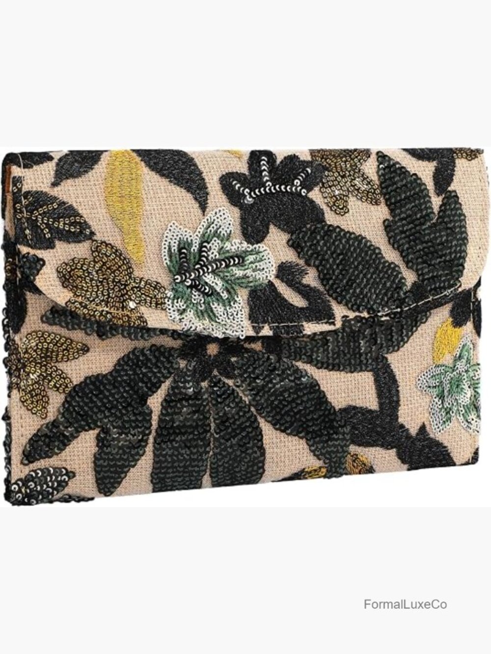Black Floral Beaded Clutch Evening Purse Sequined Embellished Handbag